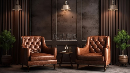 房间的角落背景图片_3d 渲染描绘了一个室内场景，在舒适的角落里有两把棕色皮革和织物覆盖的扶手椅