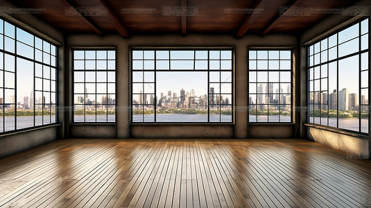 房间内背景图片_宽敞大厅内的大格子窗捕捉到令人惊叹的城市全景，大厅内铺有美丽的 3D 木地板