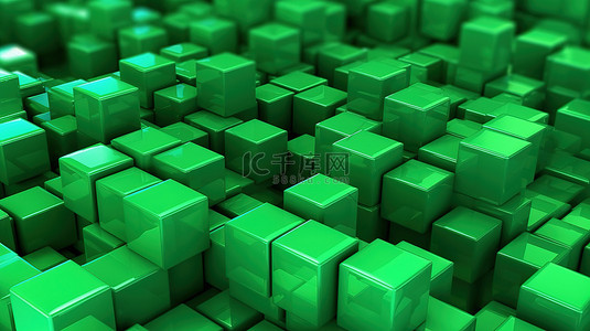 绿色立方体的背景 3D 渲染插图，具有结构化模糊效果