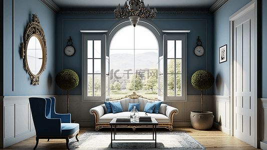 家装风格背景图片_客厅浅蓝色欧式窗户吊灯椭圆镜