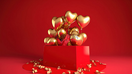 心形字体背景图片_金色 3D 气球字体，红色背景上有光泽的心从盒子里爆出来，非常适合情人节
