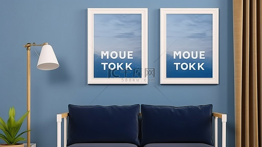 蓝色家居海报背景背景图片_蓝色农舍客厅 3D 渲染，具有两个垂直海报框架