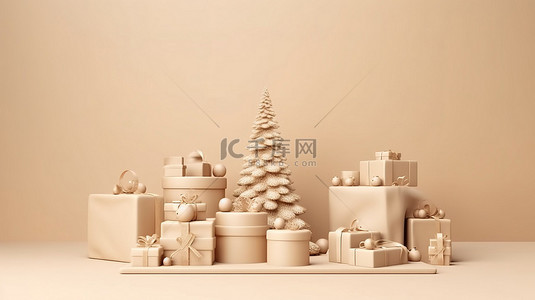 节日圣诞装饰松树礼物和米色背景 3d 渲染上的金色讲台
