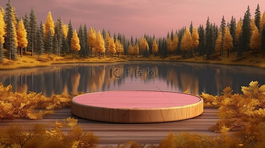 圆形木制平台，观看湖黄树和粉红草的夏季场景 3D 渲染