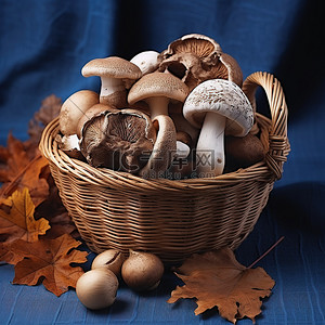 香菇背景图片_蓝色桌布上篮子里的野生蘑菇