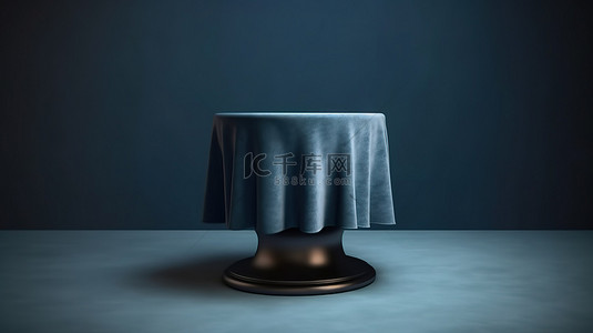 圆形基座上的蓝色丝绒布在灰色背景下的 3D 渲染中发光