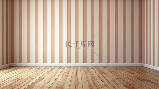 空房间中木板木地板和条纹壁纸墙的特写 3D 渲染