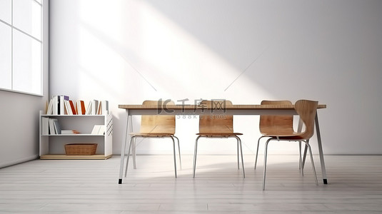 现代教室采用简约设计，配有时尚的木质桌椅和白板 3D 渲染