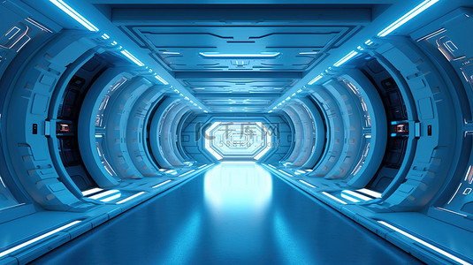未来太空背景图片_带有冷蓝色灯光的未来太空飞船走廊的 3D 渲染