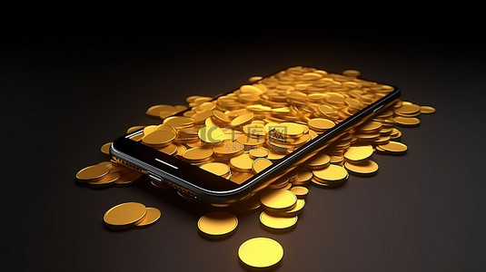 智能科技字背景图片_3d 渲染图像智能手机和金币在金色的荣耀
