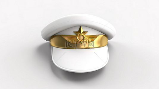 白帽上的金色飞行员徽章是民航和航空运输航空公司飞行员 3D 渲染的完美配件
