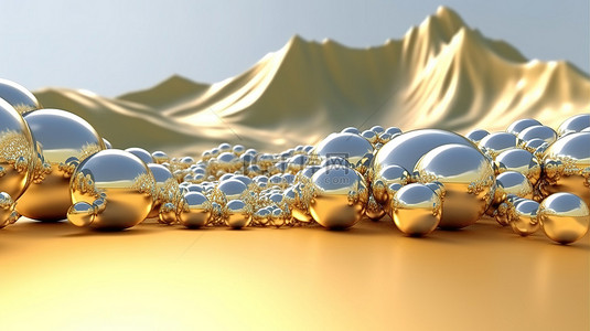 各种尺寸的抽象金色球下山 3D 渲染设计