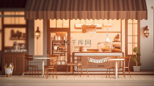 令人惊叹的 3D 渲染插图中的棕色主题小咖啡店