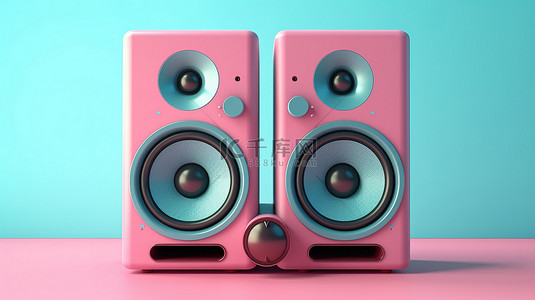 蓝色背景在音频工作室场景中呈现双色调粉红色声学扬声器