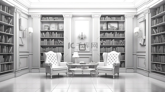 一间空图书馆房间的 3D 插图，配有椅子书架和相框
