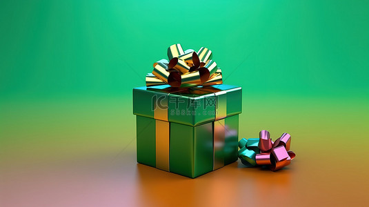 彩色购物背景图片_虚拟绿色背景逼真 3D 渲染上带有彩色蝴蝶结的充满活力的礼品盒