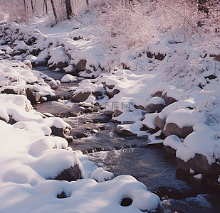 一条河的照片，周围有白雪覆盖的岩石