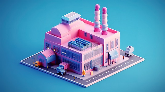 蓝色背景上的简约粉色工厂等距卡通风格 3d 渲染