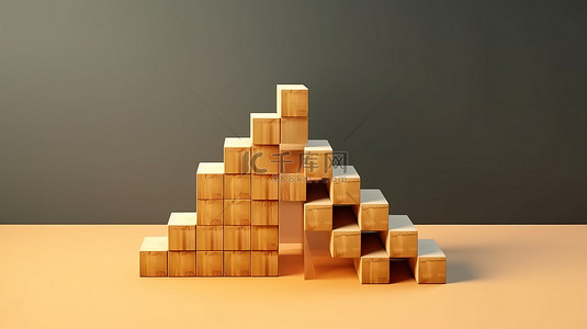 励志插图背景图片_用堆叠的木立方体推进业务，描绘增长和成功 3D 渲染策略插图