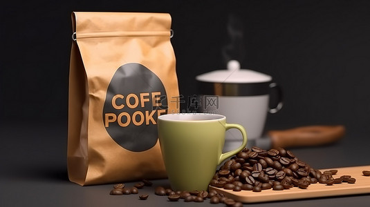 袋子农药袋子背景图片_咖啡和手机包装在袋子中的 3D 渲染模型