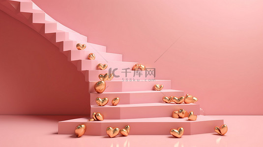 女人爬楼梯背景图片_粉红色背景中的金心楼梯 3d 渲染