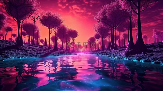 迷人的霓虹灯丛林 3d 日落时的神秘森林