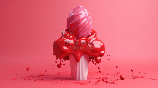 冰淇淋情人节背景图片_粉红色背景，3d 渲染美味的红色心形冰淇淋