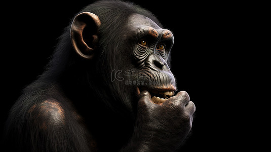 3d 中的黑猩猩在黑色背景下站立并闭上嘴