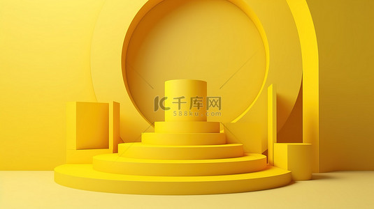 具有 3d 渲染黄色圆柱讲台和具有开放空间的抽象几何形状平台的简约工作室背景