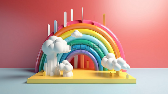 海报背景暑假背景图片_充满活力的夏季讲台，色彩缤纷的元素云和彩虹 3D 概念化