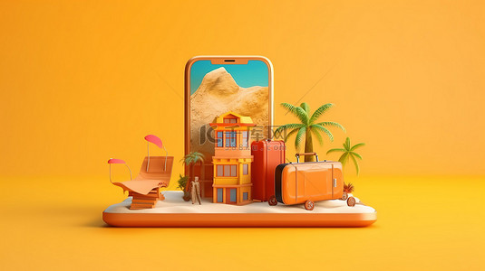 3D 插图描绘了通过智能手机在线预订暑假的便利性，并具有充足的复制空间