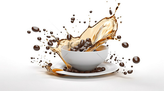黑咖啡溅在白杯上，咖啡豆 3D 插图与剪切路径