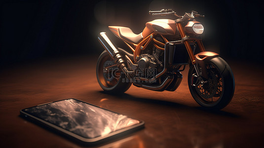 智能手机背景图片_3d 渲染中的摩托车和智能手机