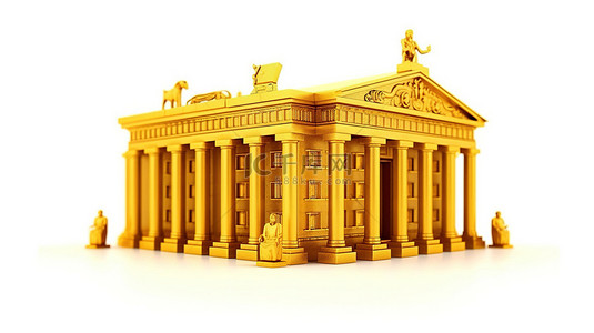 银行投资背景图片_白色背景金币存钱罐银行建筑设计的 3D 渲染