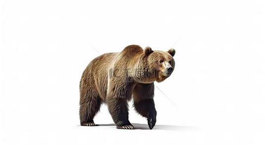 一只棕熊在纯白色背景上大步迈进的 3D 渲染