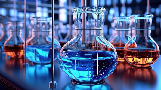 实验室中化学烧瓶和实验室玻璃器皿的 3D 渲染
