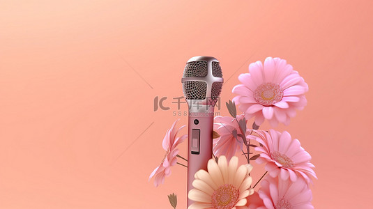 精致粉色背景图片_带有麦克风和精致花朵的柔和粉色背景的简约概念 3D 渲染