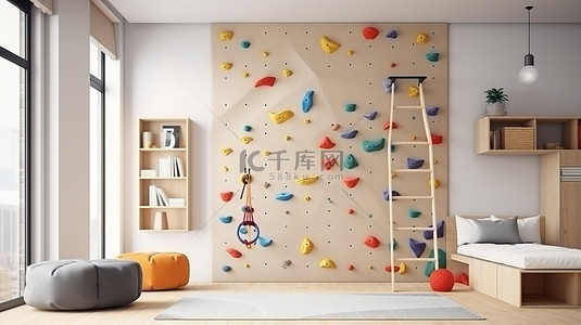 俏皮背景图片_俏皮的儿童房，配有攀岩墙和 3D 模型海报框架