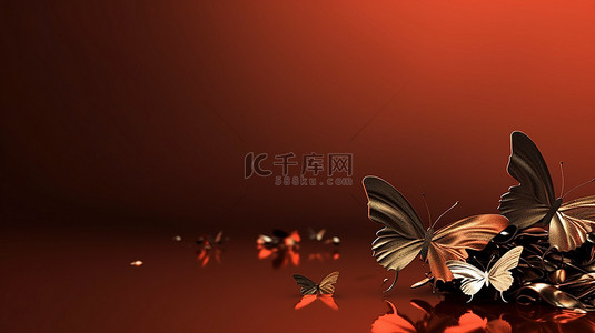 太空动物背景图片_外太空红心和青铜蝴蝶的 3d 插图