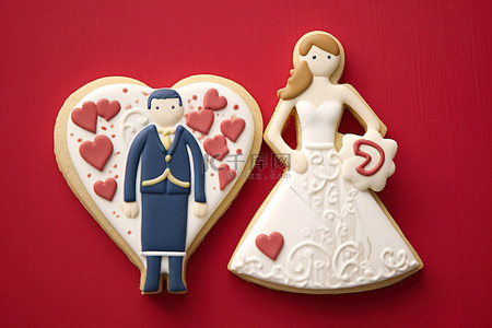 两个穿着婚礼服装的人物出现在装饰过的饼干上