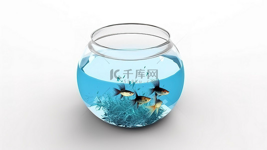充满蓝色水的逼真白色背景玻璃鱼缸水族馆的 3D 渲染