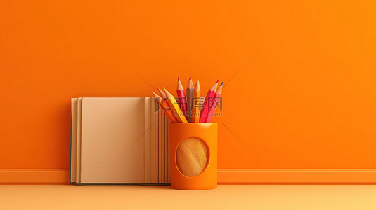 充满活力的橙色背景上的 3D 渲染学术视觉铅笔和教科书