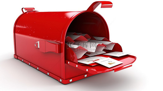 白色背景的 3D 渲染，带有一个装满信件的开放红色邮箱