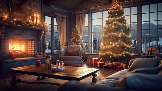 温暖主题背景图片_圣诞主题的客厅闪烁着温暖的火焰，装饰着 3D 渲染的树