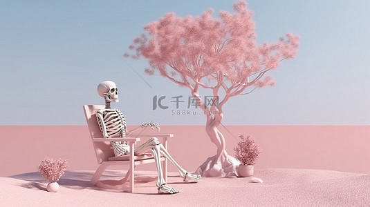 海滩边的模型 3D 渲染，展示了躺在粉色和金色树荫椅子上的骷髅