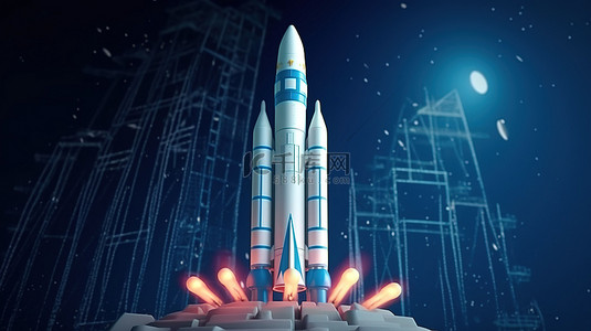 商业蓝背景图片_3D 渲染白色火箭开始在商业投资图蓝屏下启动启动