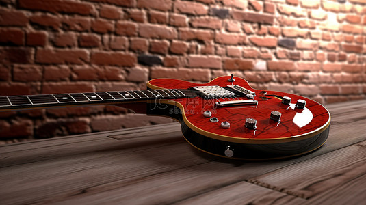 复古风格的砖墙背景增强了以红色 3D 图像渲染的令人惊叹的电吉他的美感