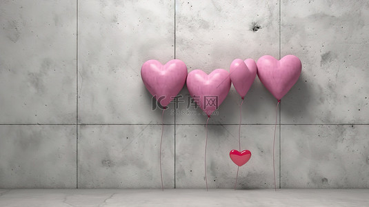 一群粉红色的心形气球在混凝土背景下 3D 渲染插图