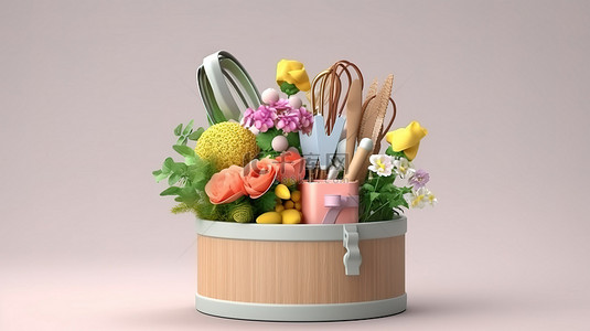园林工具和陶瓷盆的 3D 渲染，木盒中装有鲜花