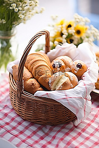 盛开的花背景图片_桌子上有一篮子面包松饼和糕点